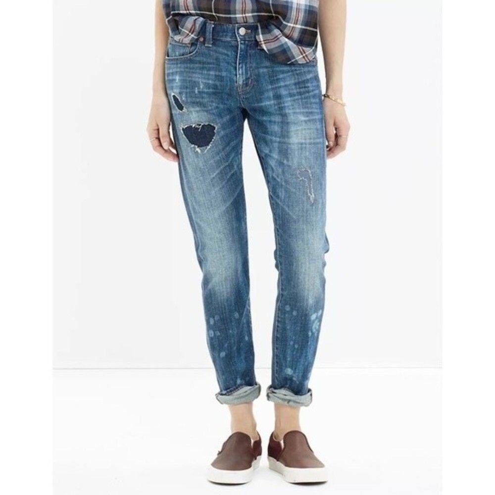 Madewell dark blue distressed faded denim rip and repair Slim straight Boy jeans